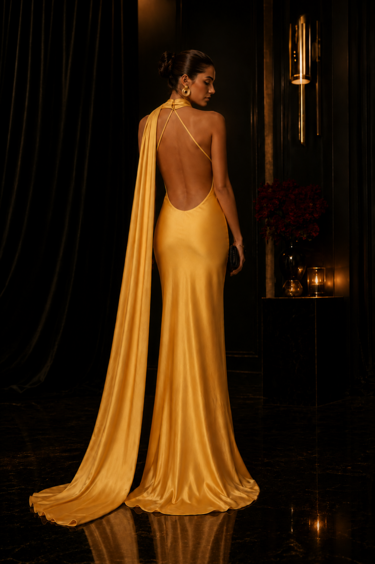 Robe dos nu profond longue dorée en satin licou — Vertige