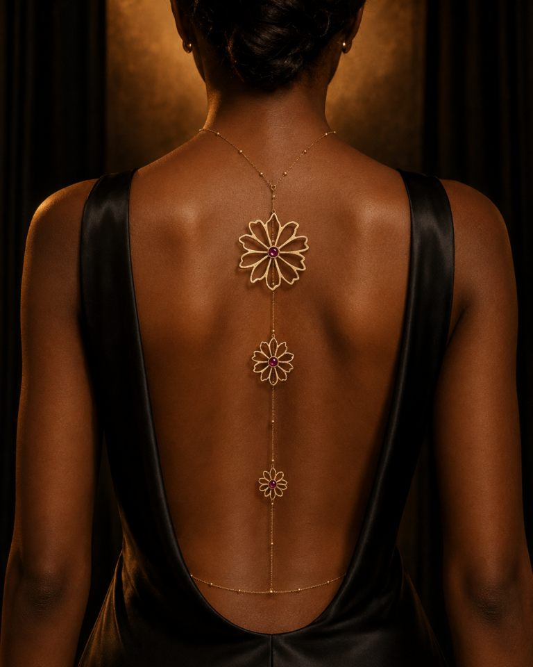 Bijou de dos fleurs dorées — Éclosion
