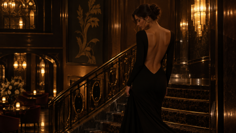 Femme élégante en robe dos nu noire dans un décor de soirée