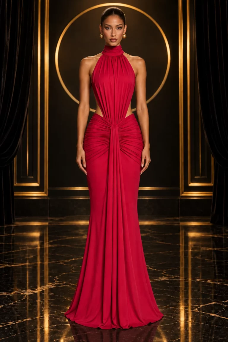 Robe dos nu — Robe dos nu rouge drapée — Rhéa | Spiralée Paris — vue alternative