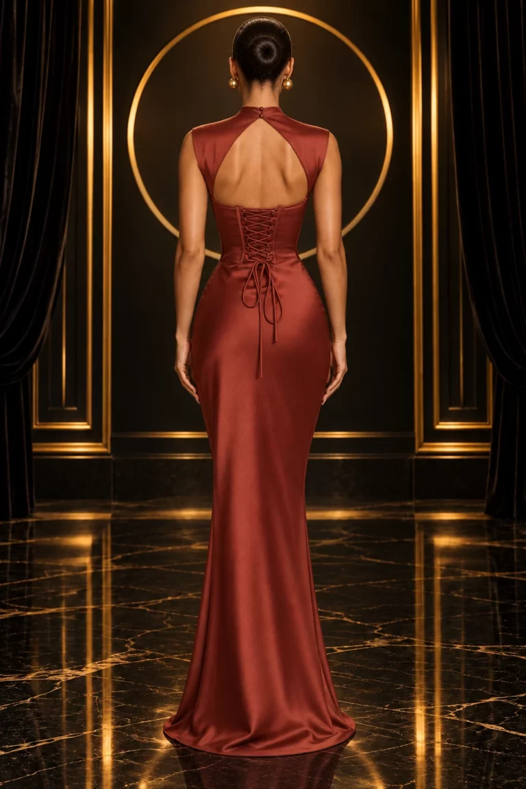 Robe dos nu — Robe dos nu terracotta en satin structurée — Aurelia | Spiralée Paris